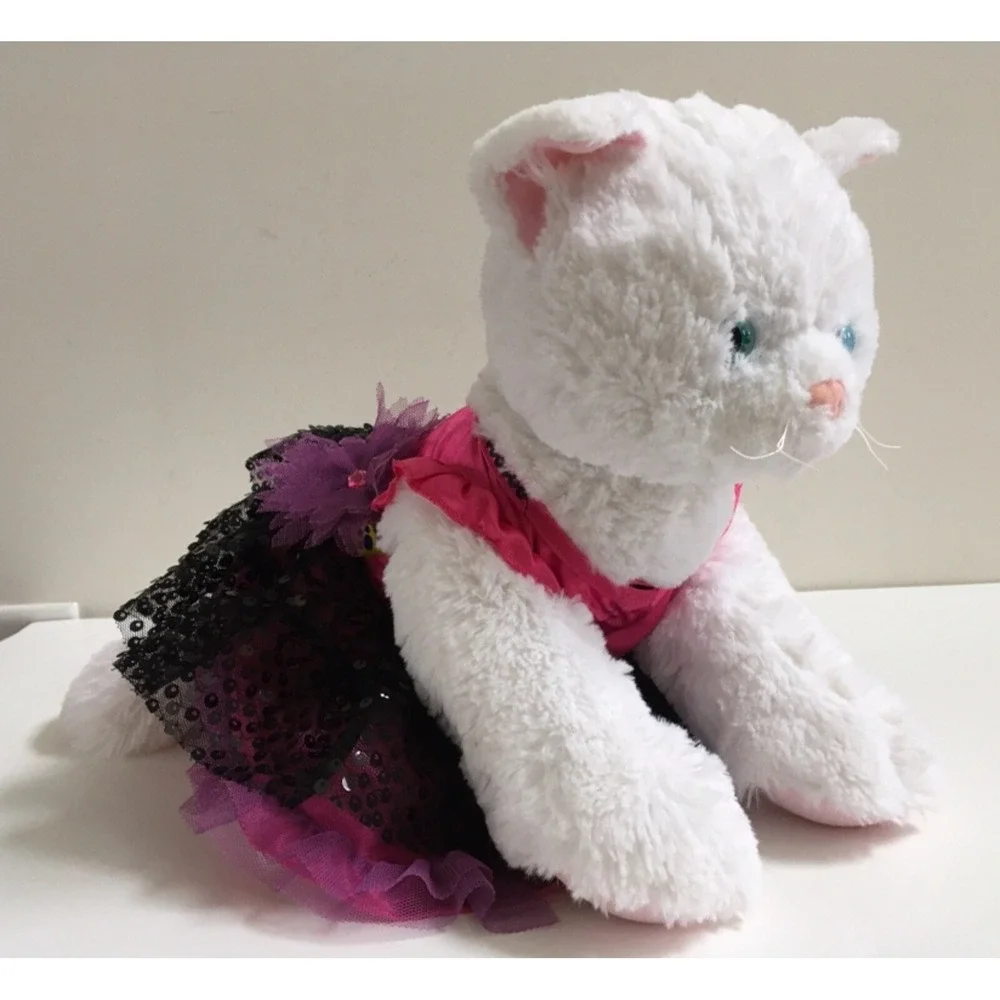 Build A Bear Cat Kitten Plush Aqua Blue Eyes 2013 w/ Gorgeous Pink Sequin Outfit